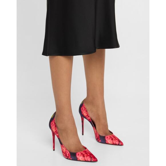 Christian Louboutin Kate 100 Crepe Satin Roses Red Blue Pointed Heel Pump 41 - Picture 3 of 15